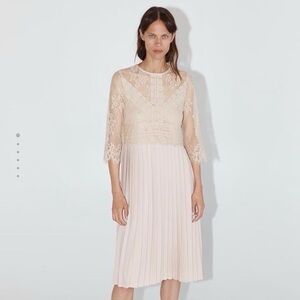 Zara Womens Cream Blush Lace Overlay Pleated Midi Dress Special occasion S